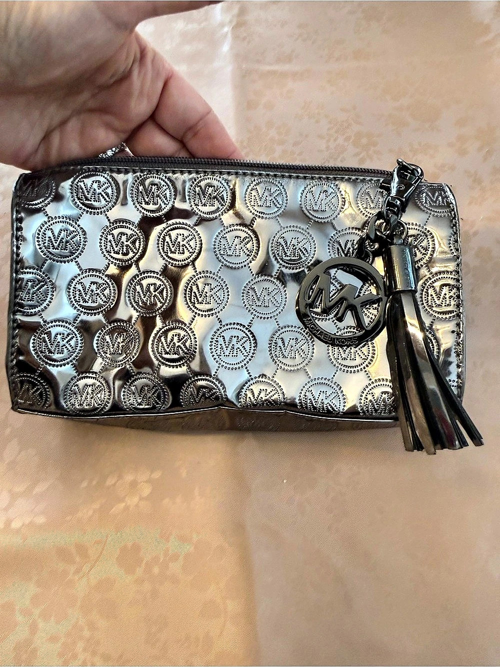 Michael Kors Metallic Logo Zip Wallet in Silver & Black